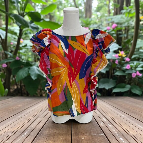 Marc New York Jeans Cotton Top Multicolor Boho Ruffle Sleeve Festival Blouse M - Picture 1 of 8
